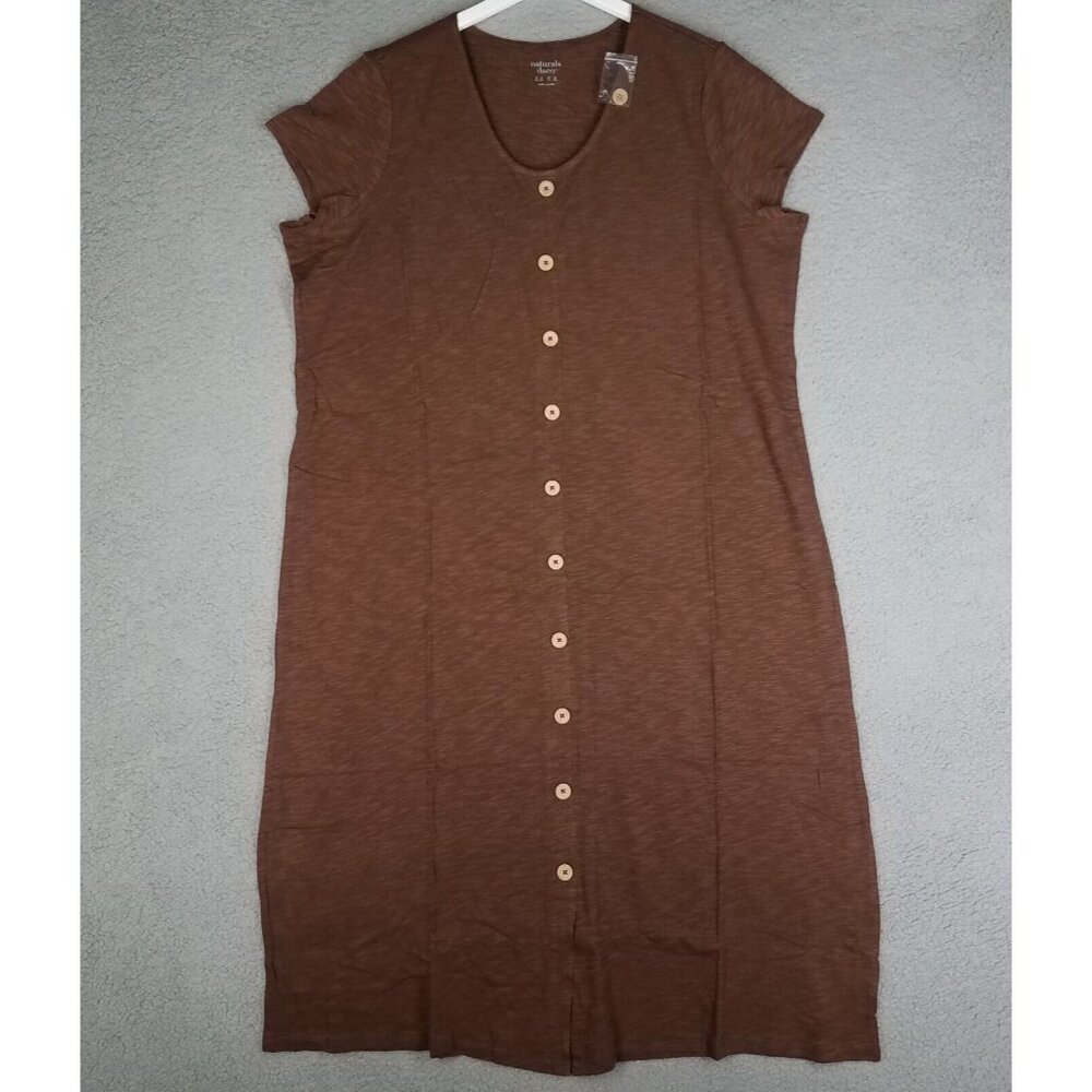 NEW Denim & Co. Naturals Midi Dress Women's 2X Brown Button Front Slub Knit